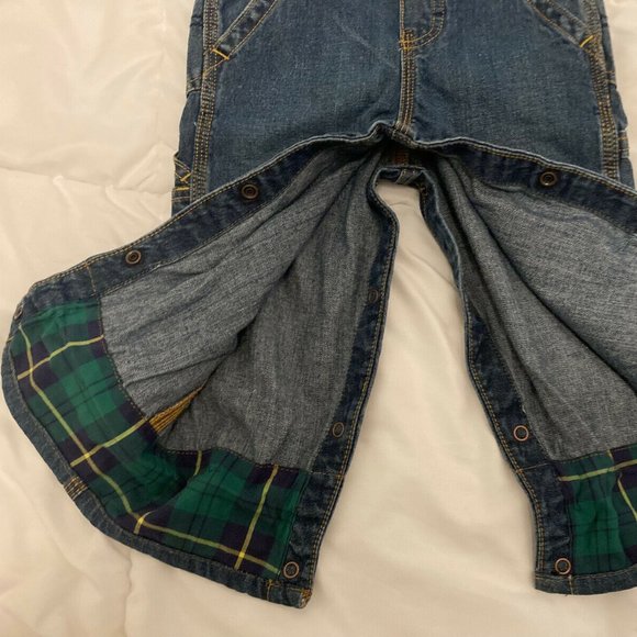 OshKosh 18M Blue Jean Denim Green Plaid Check Lined Cuff Overalls - Picture 5 of 7